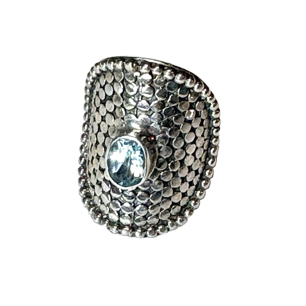 Artisan Balinese Shield Ring Sterling Silver Blue Topaz Bali Dot Wide Band 7.5